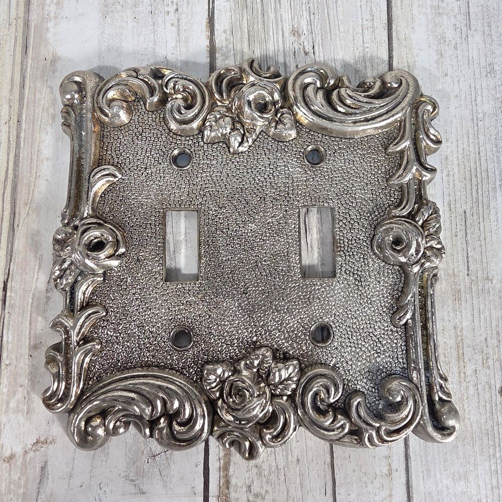 Vintage 1967 American Tack & Hardware Silver Ornate Double Toggle Switch Plate